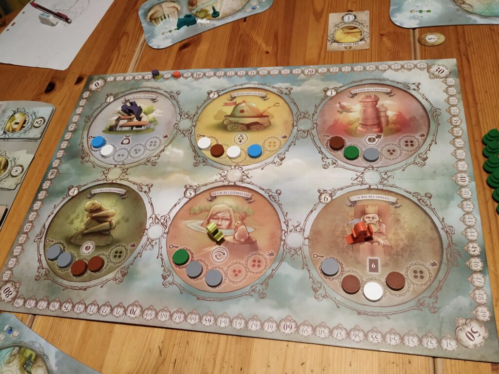 Plateau de jeu central, avec ses six lieux et ses fragments de rêve